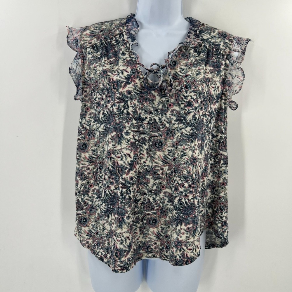 Lucky Brand Boho Peasant Top M Blue Pink Floral Paisley Ruffle Sleeve Blouse - Picture 8 of 8